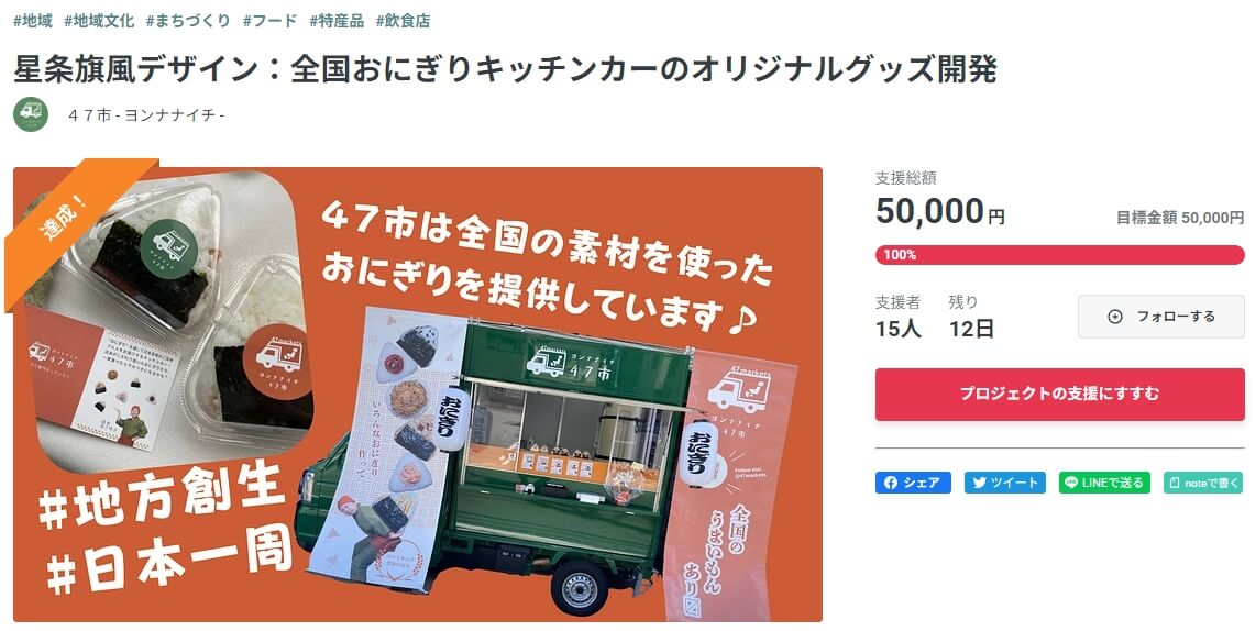 おにぎり専門キッチンカー47市のクラウドファンディング結果